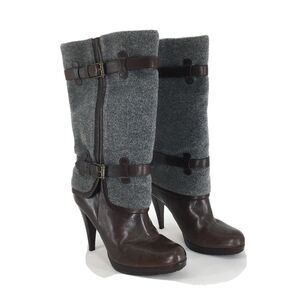 Cole Haan Nike Women 7.5 B Kennedy Boots Gray Brown Buckle Leather Wool Heel